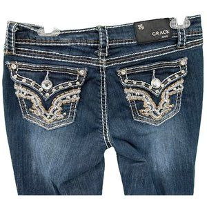 Grace in LA Cowgirl Bootcut/Flare Jeans Womens Sz 28 Distressed Bling Med Wash